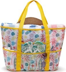 F-color Beach Bag, Mesh Beach Bag Oversized Beach Tote 9 Pockets Beach Towel Bag