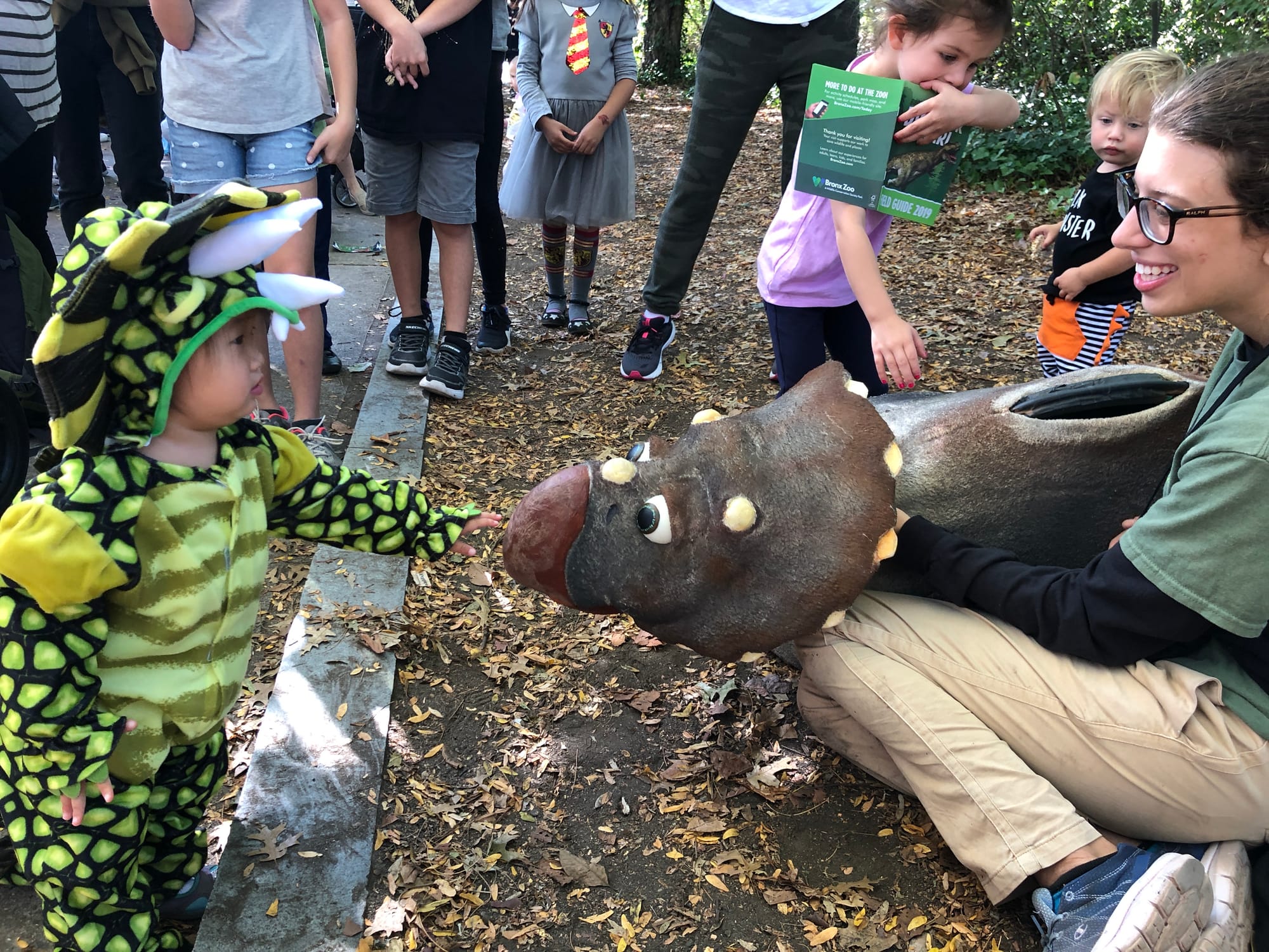 Baby girl in green triceratops costume touching a triceratops puppet with a zoo staff person looking on